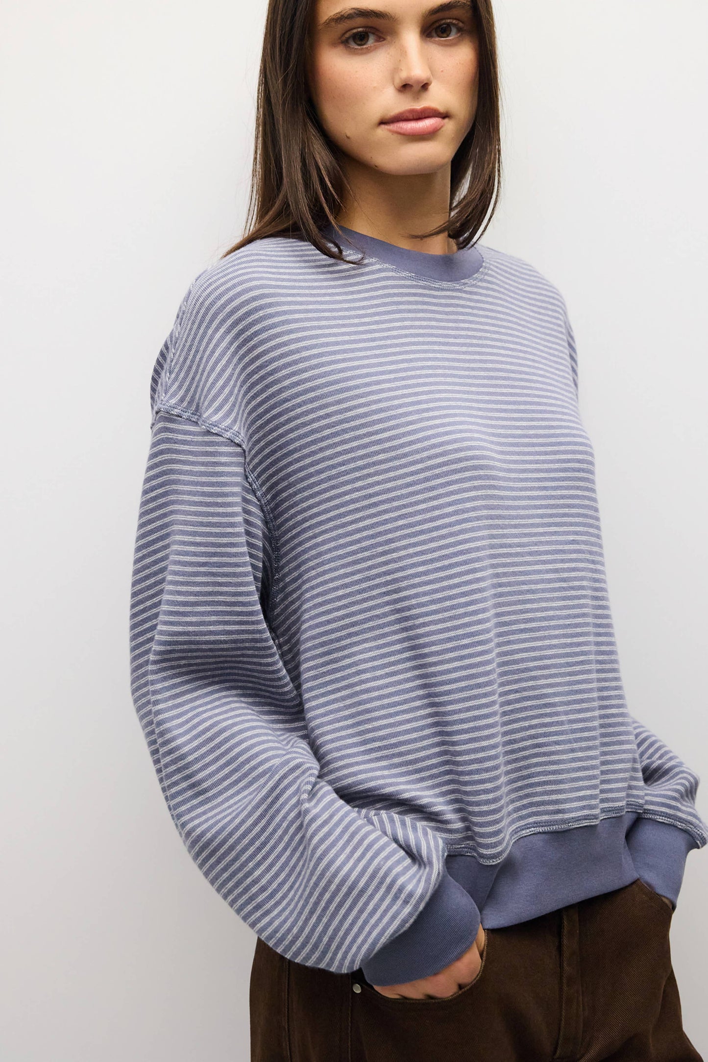 Stripe Crewneck Drop Shoulder Jersey Top