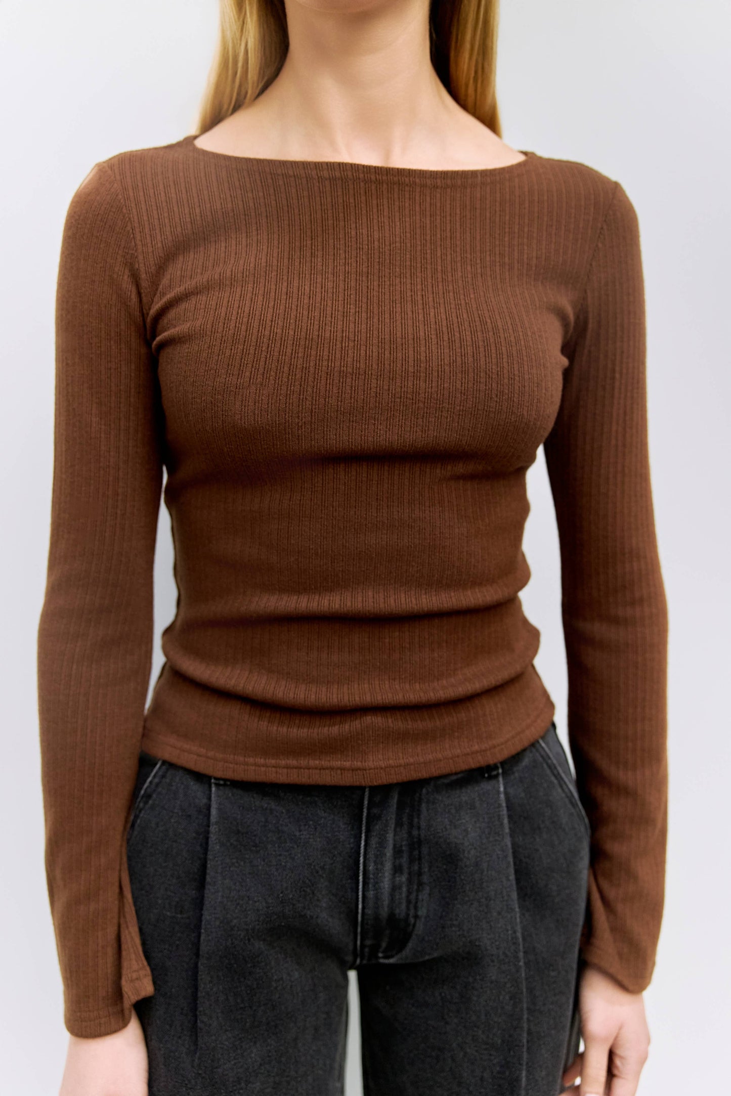 Brown Ribbed Wide Neck Flare Sleeve Top