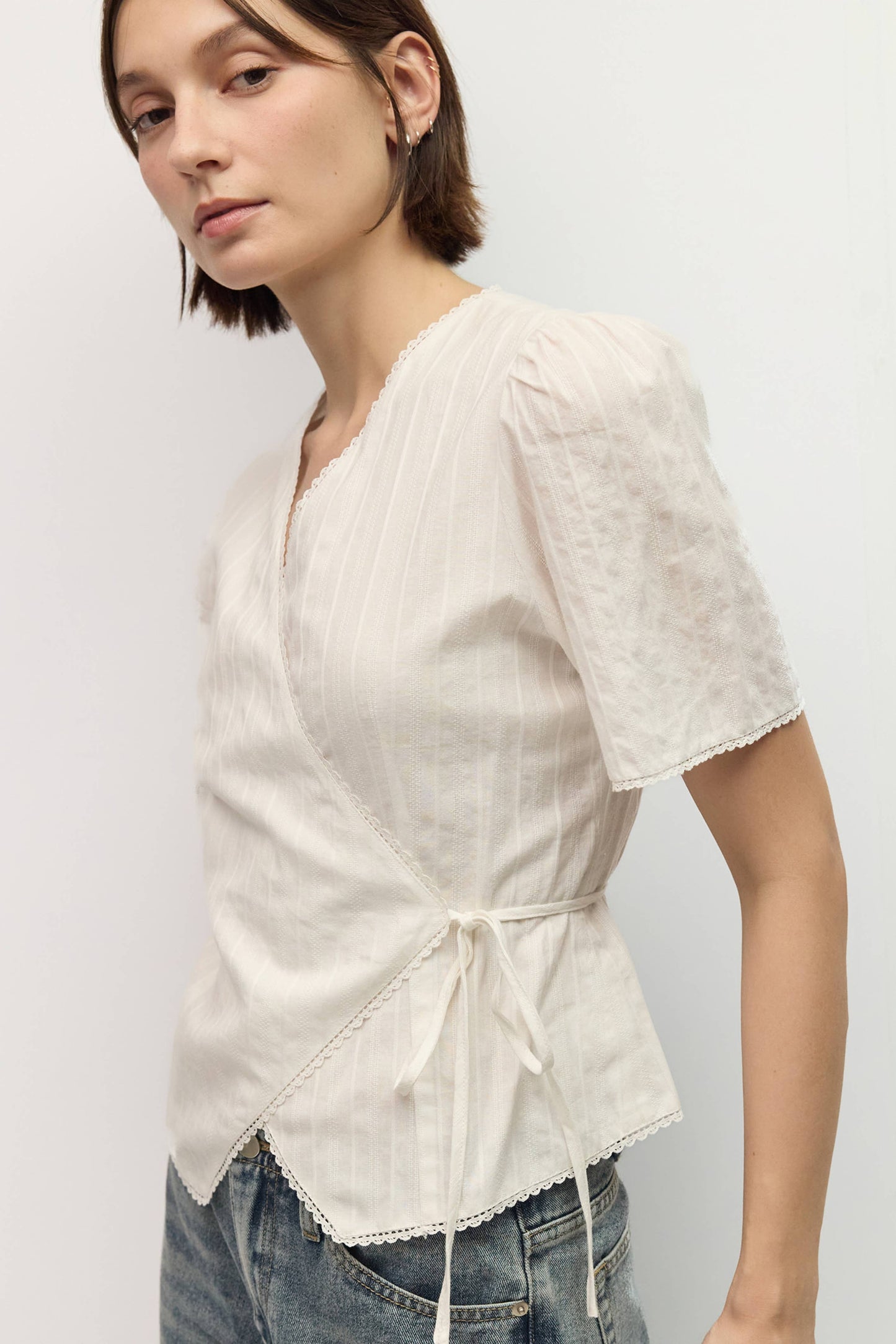 White Embossed Stripe Cotton Wrap Blouse