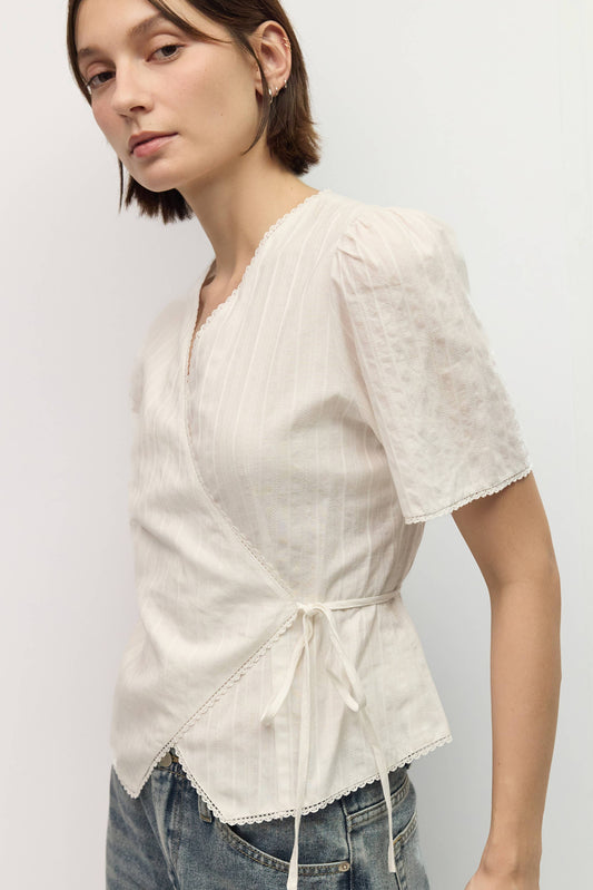 White Embossed Stripe Cotton Wrap Blouse