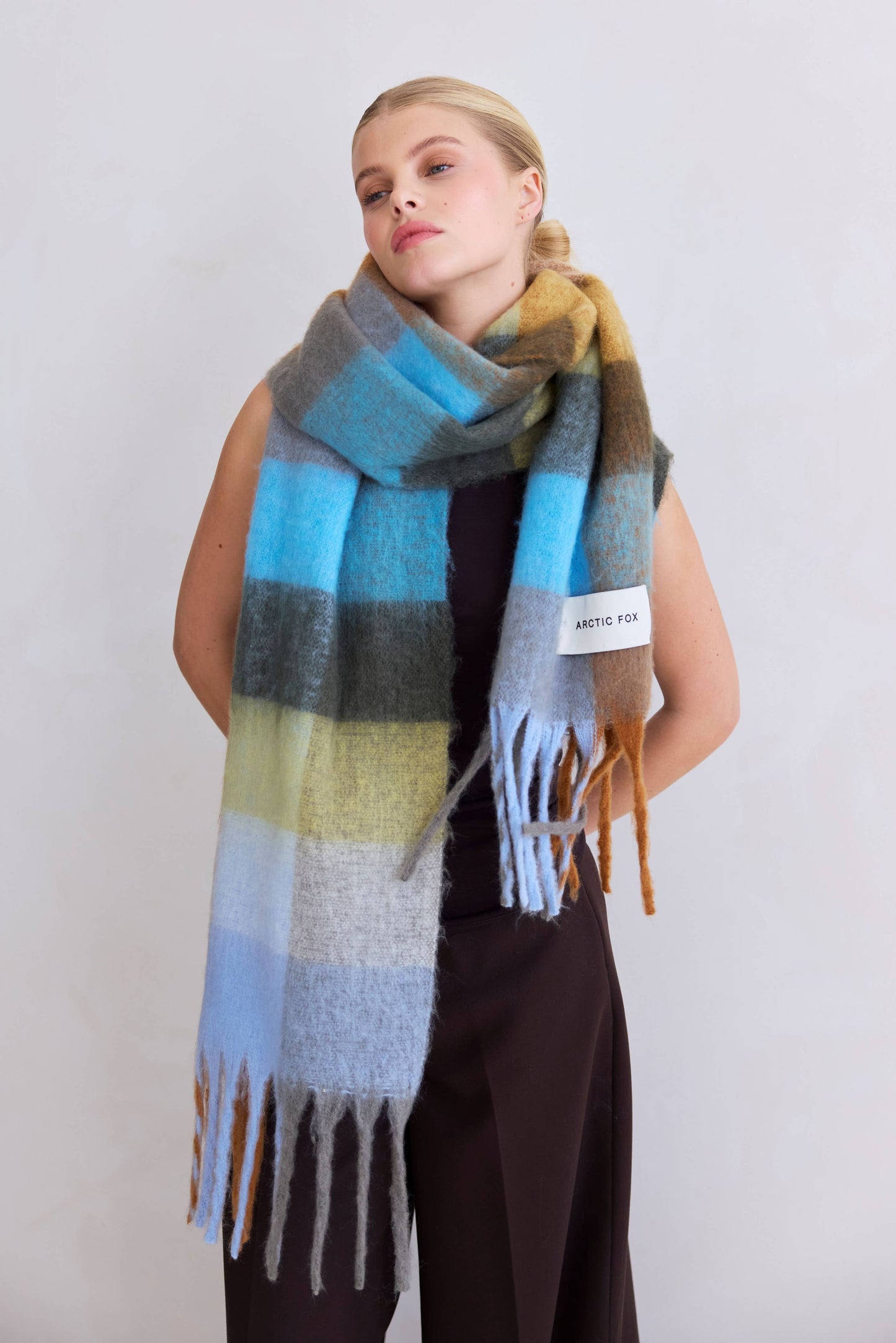 Blue Orange Brushed Plaid Oversized Scarf