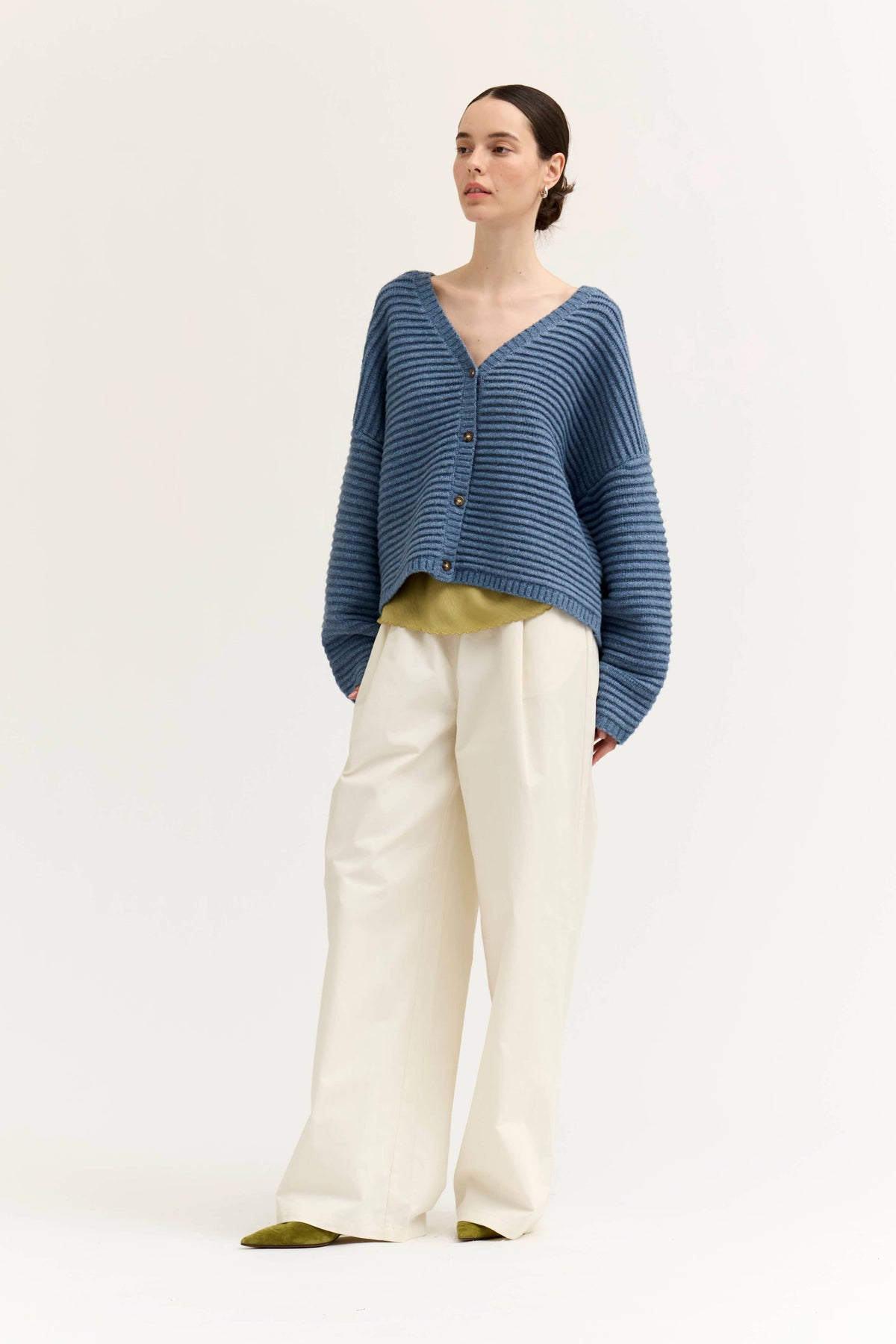 Dusty Blue Textured V-Neck Cardigan