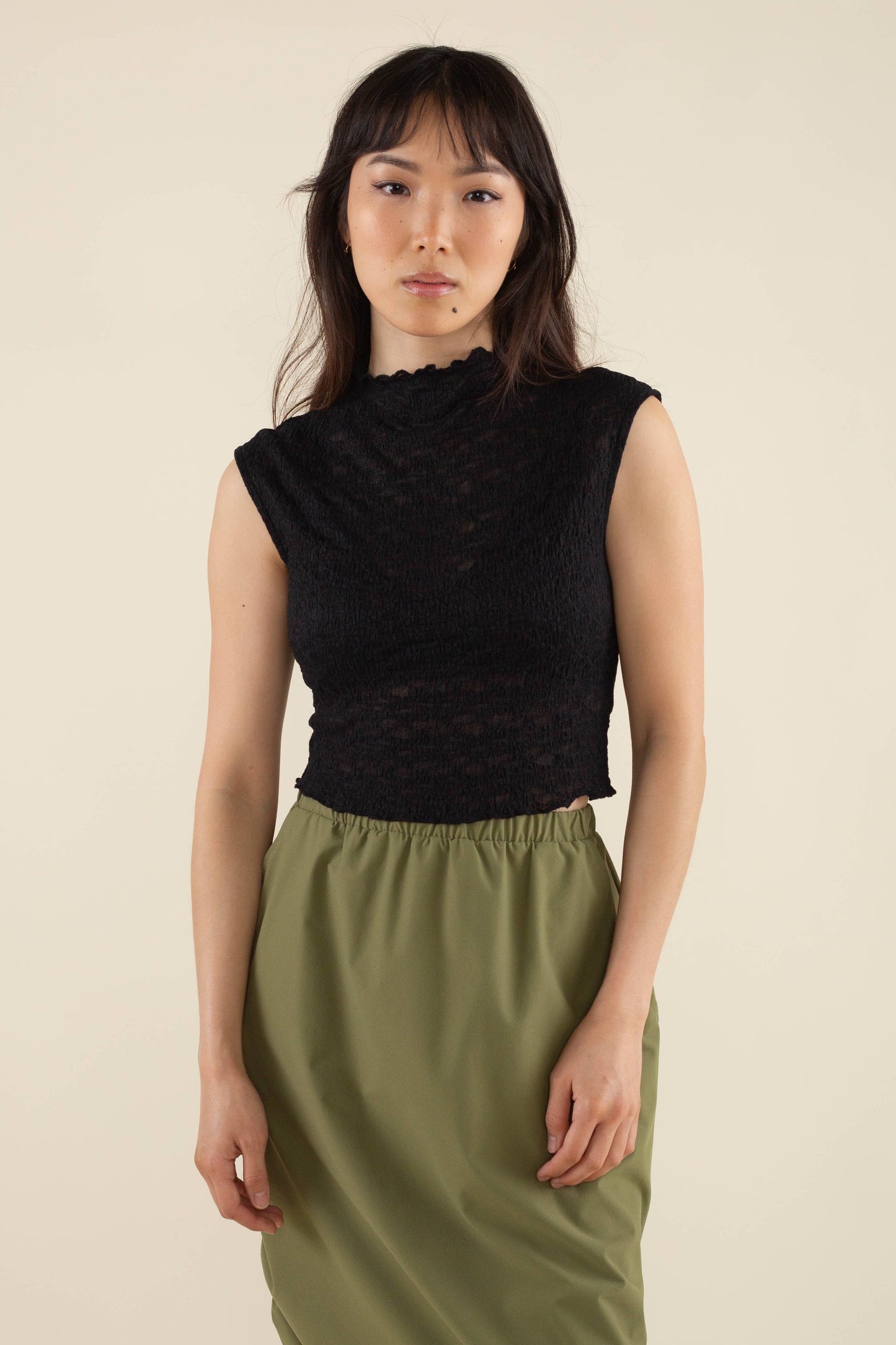 Floral Jacquard Mesh Mock Neck Top