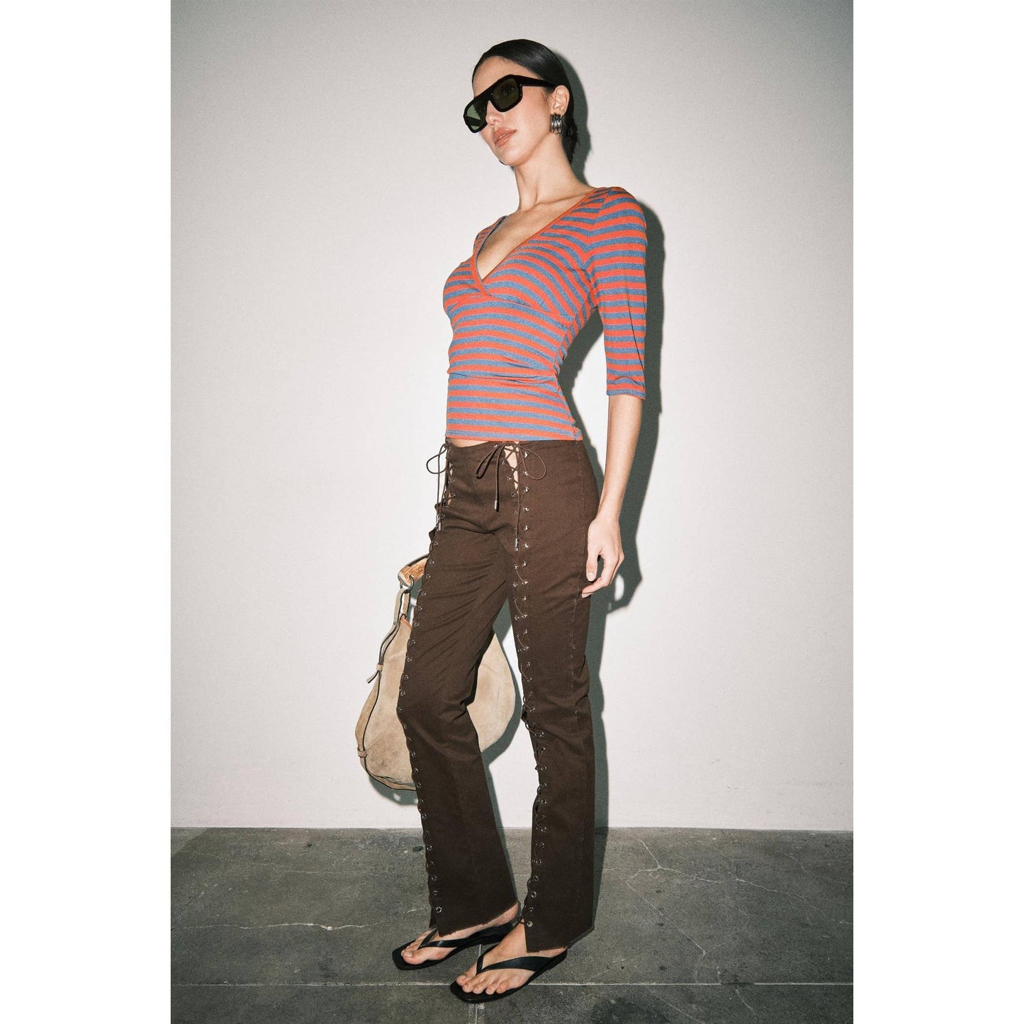 Red Striped V-Neck Three Quarter Sleeve Top