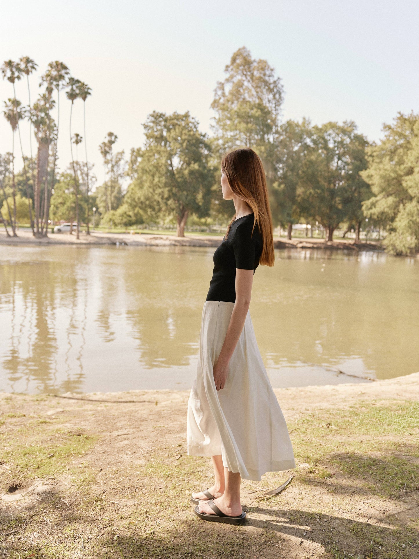 Black and Ivory Mixed Media Pleated Midi Dress