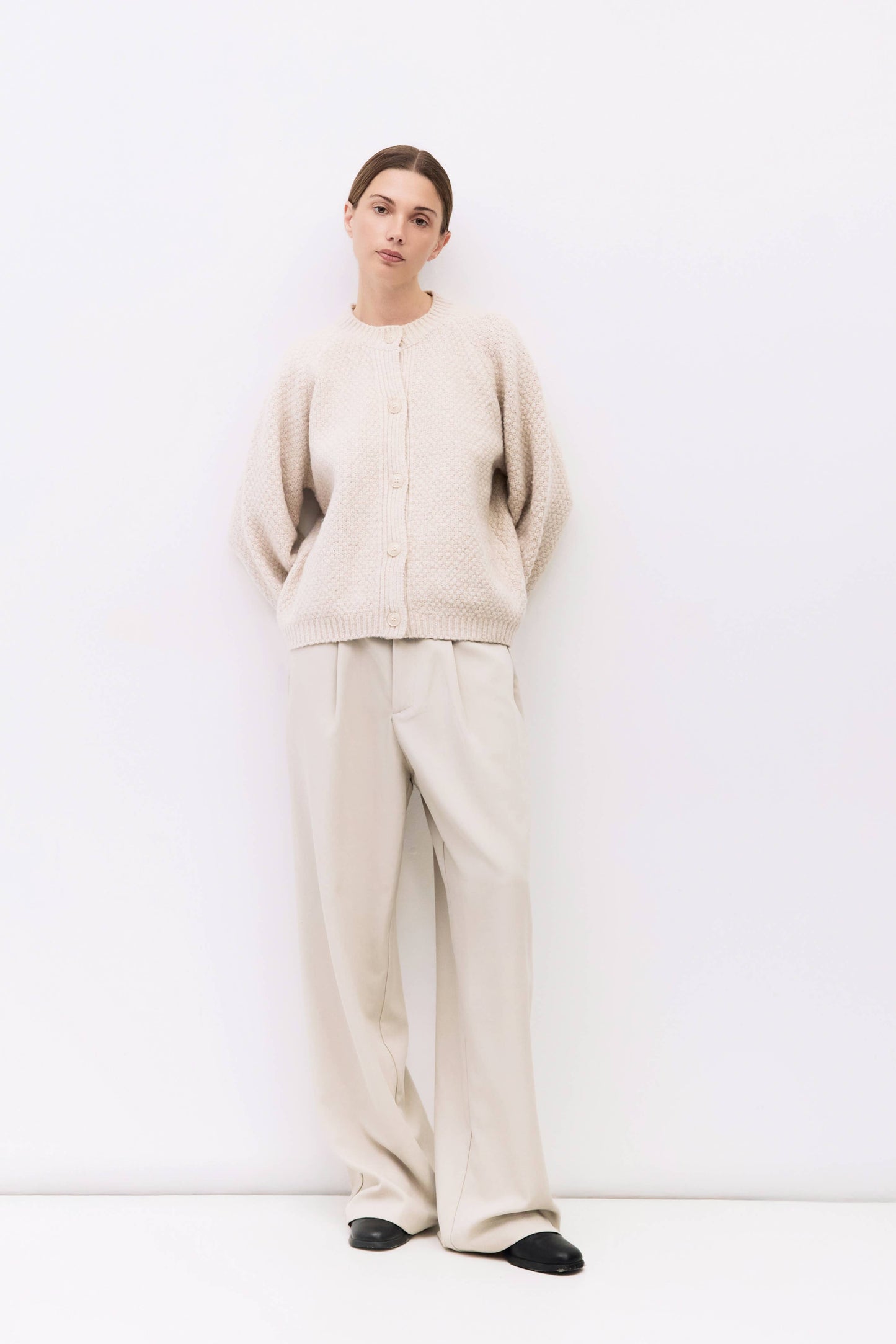 Cream Textured Weave Lantern Sleeve Cardigan