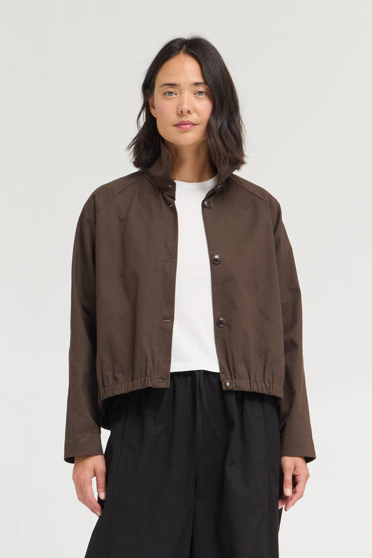 Brown Funnel Neck Cotton Jacket
