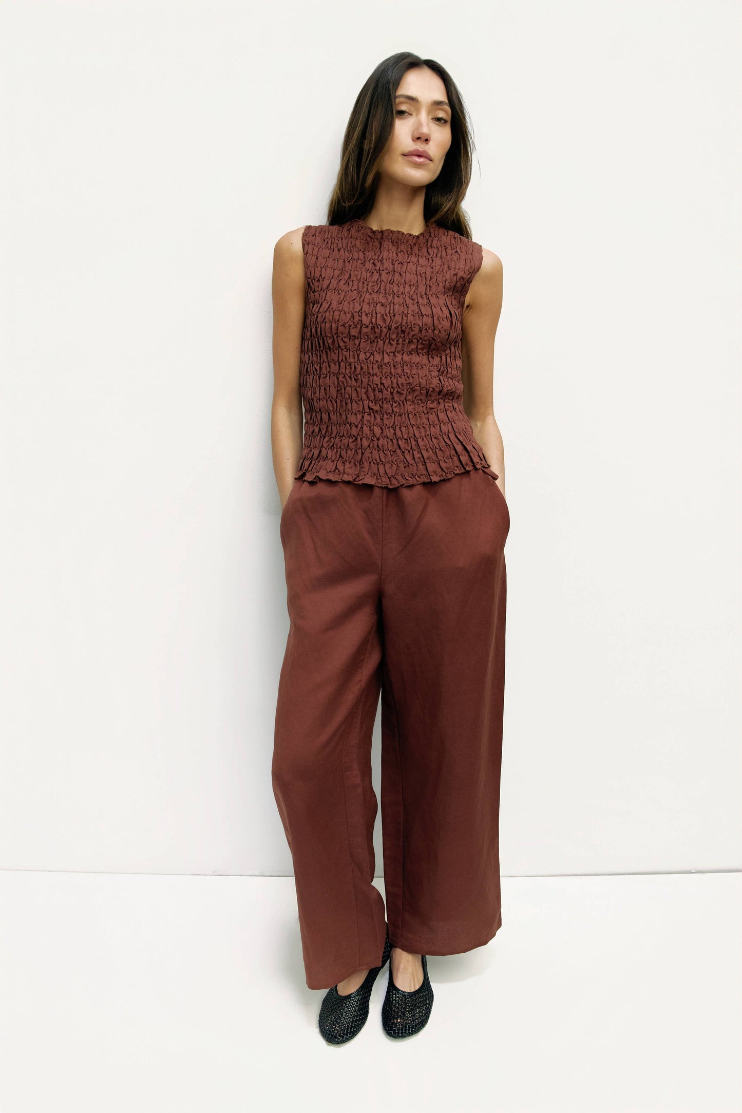 Brown Smocked Sleeveless Tie Back Top