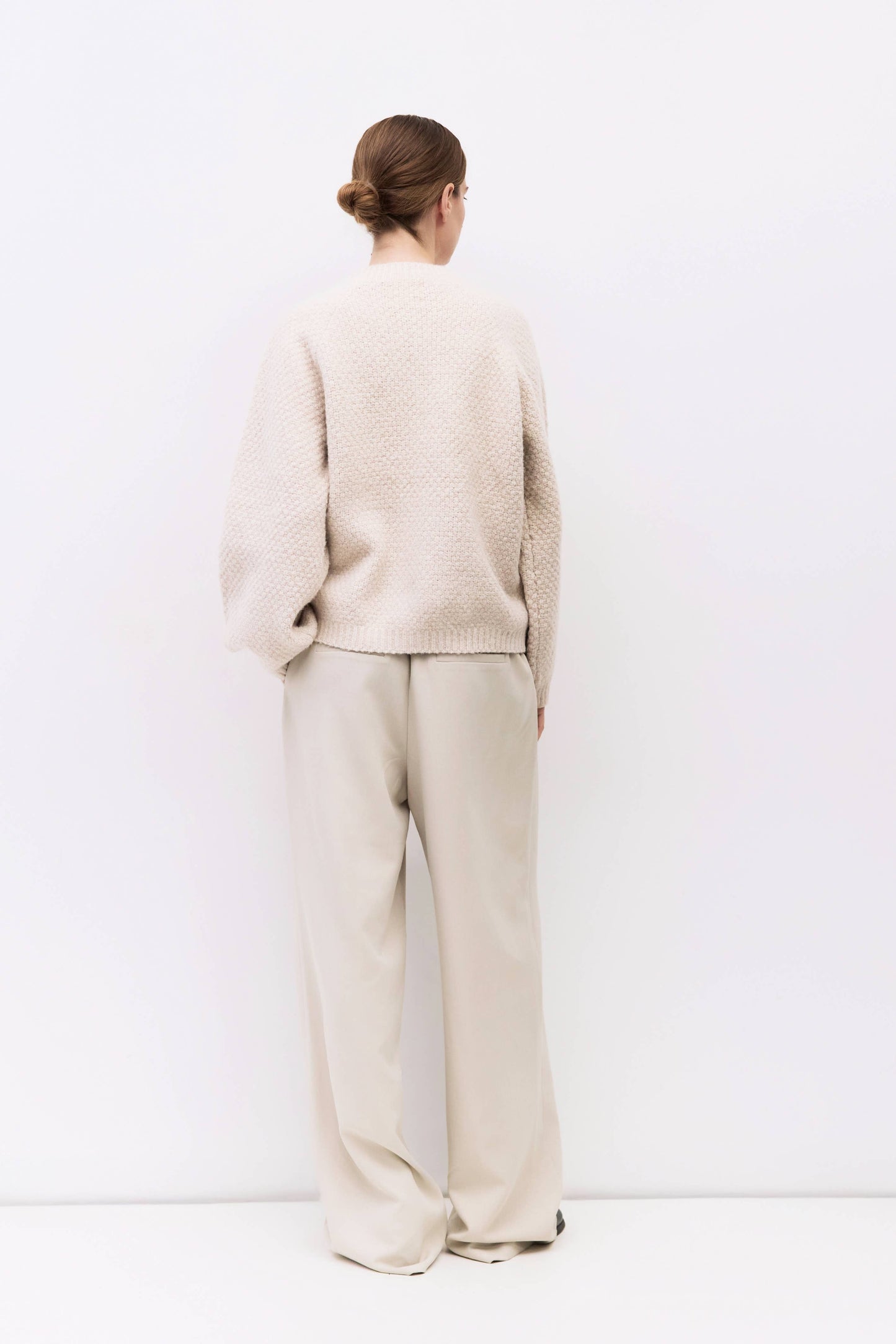 Cream Textured Weave Lantern Sleeve Cardigan