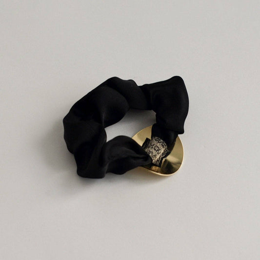 Black Satin Scrunchie with Round Gold Charm