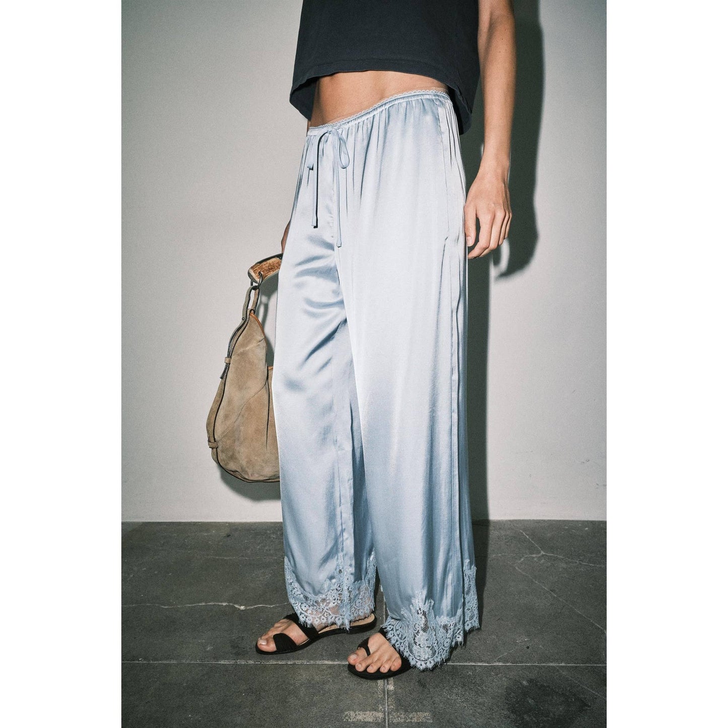 Light Blue Satin Lace Wide Leg Pants