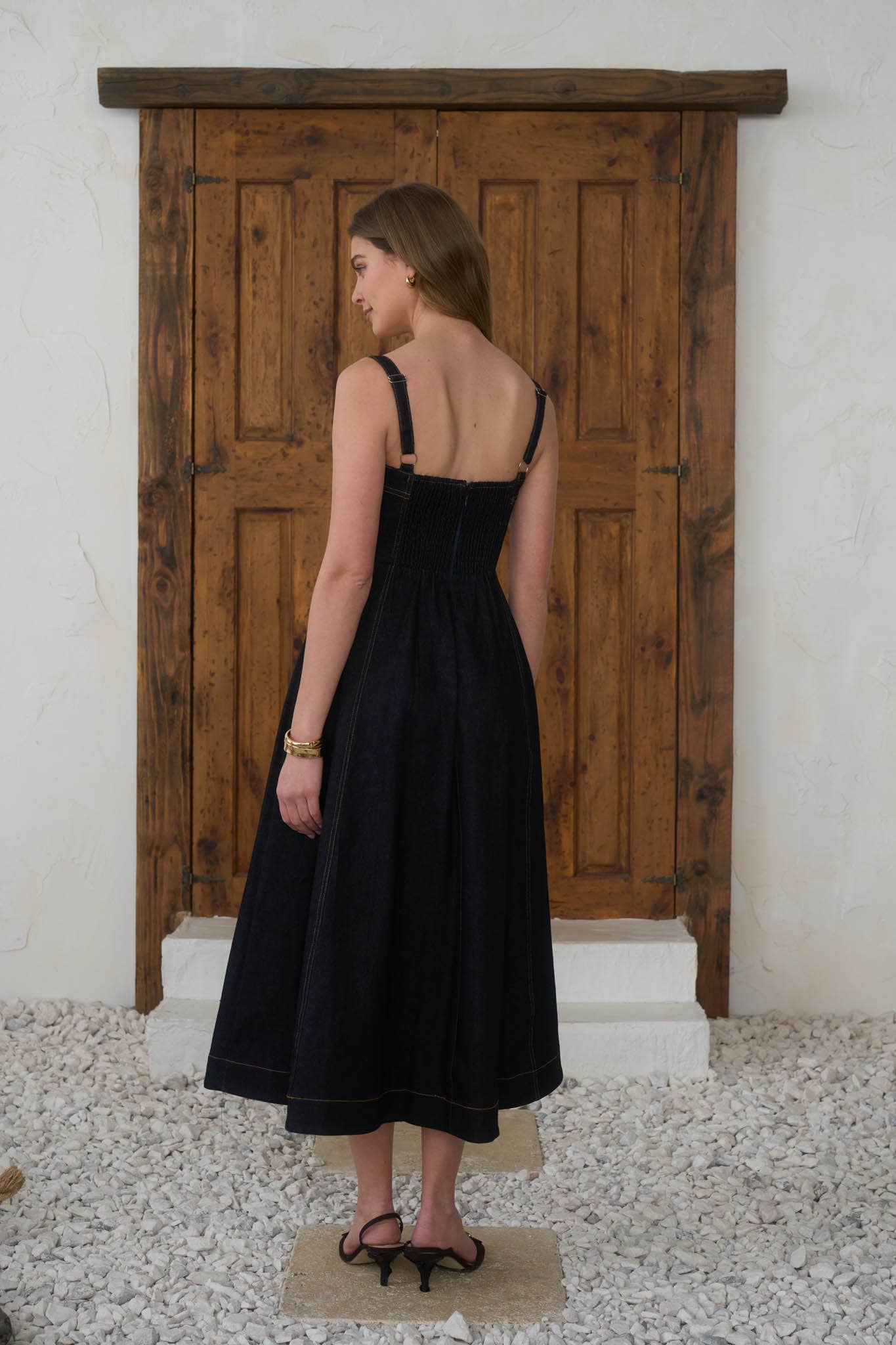 Studded Corset Denim Midi Dress