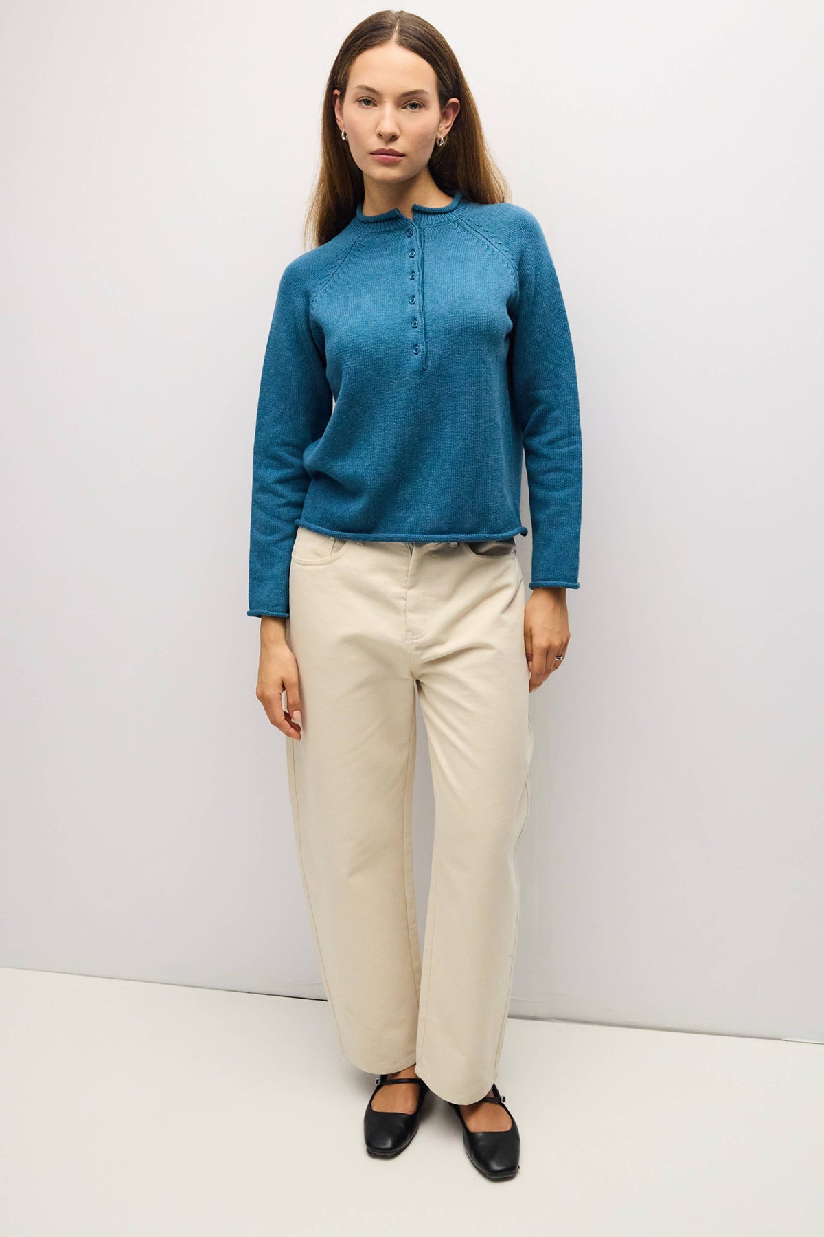 Teal Rolled Edge Henley Sweater