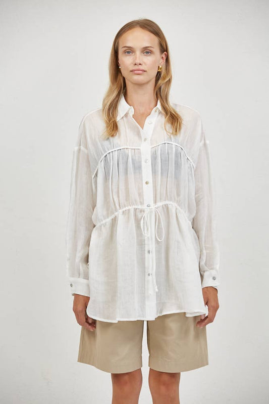 White Linen Tie Waist Button Down Top