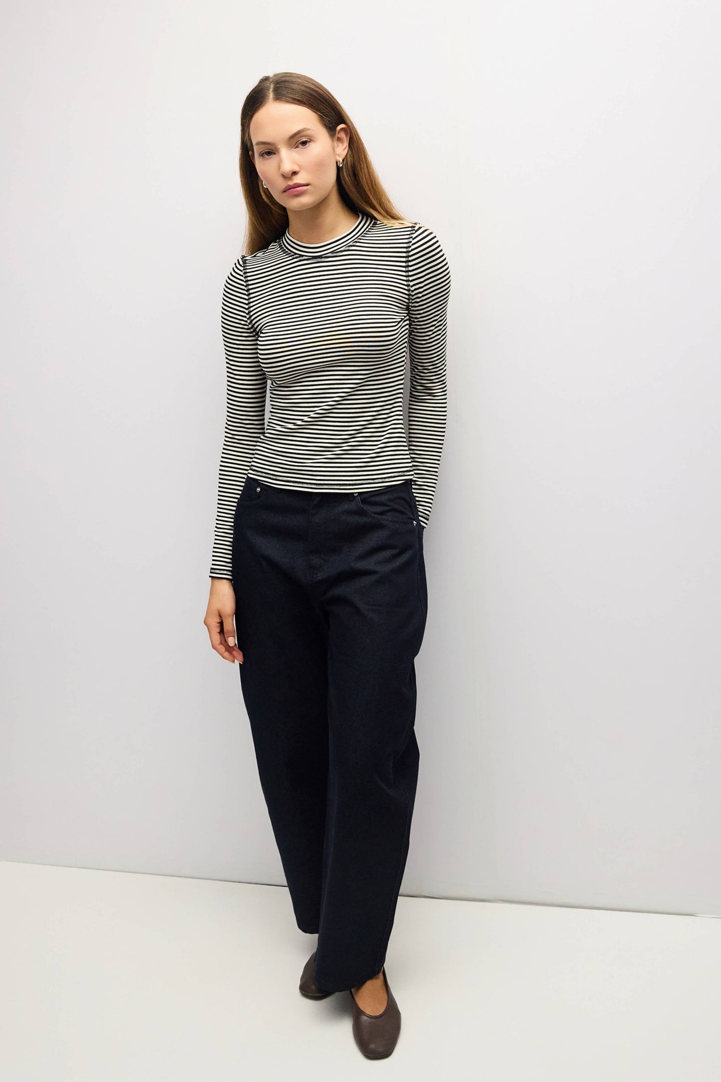Mock Neck Striped Long Sleeve Tee
