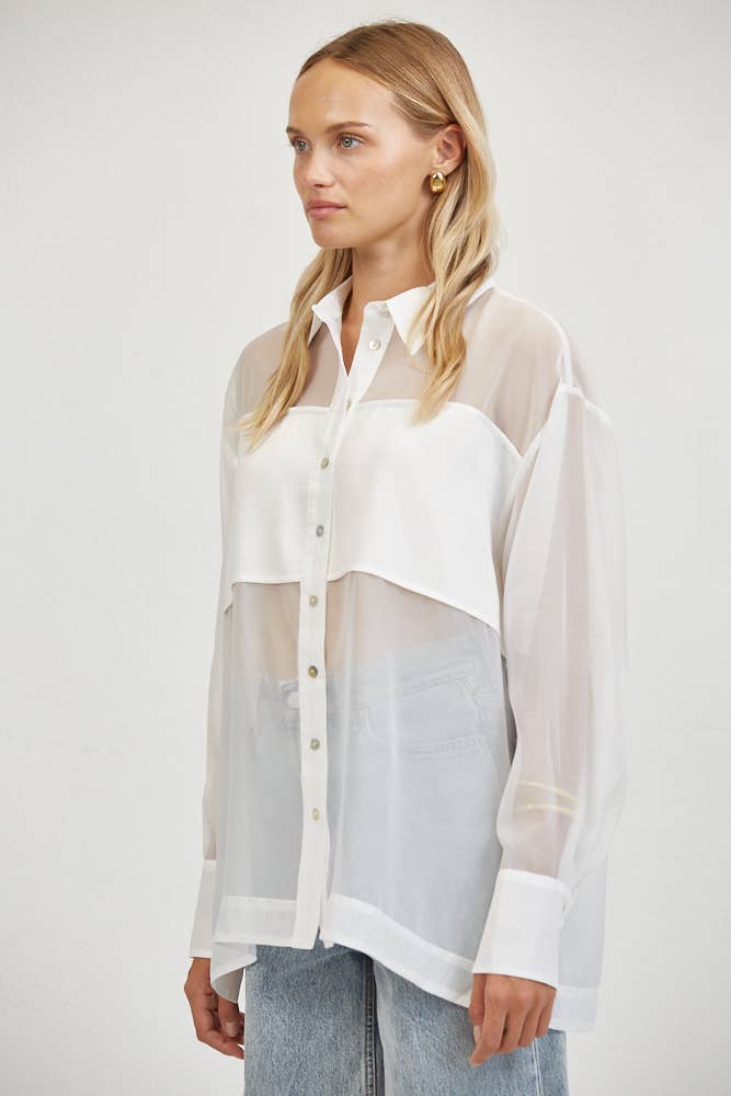 White Sheer Collar Neck Long Sleeve Blouse
