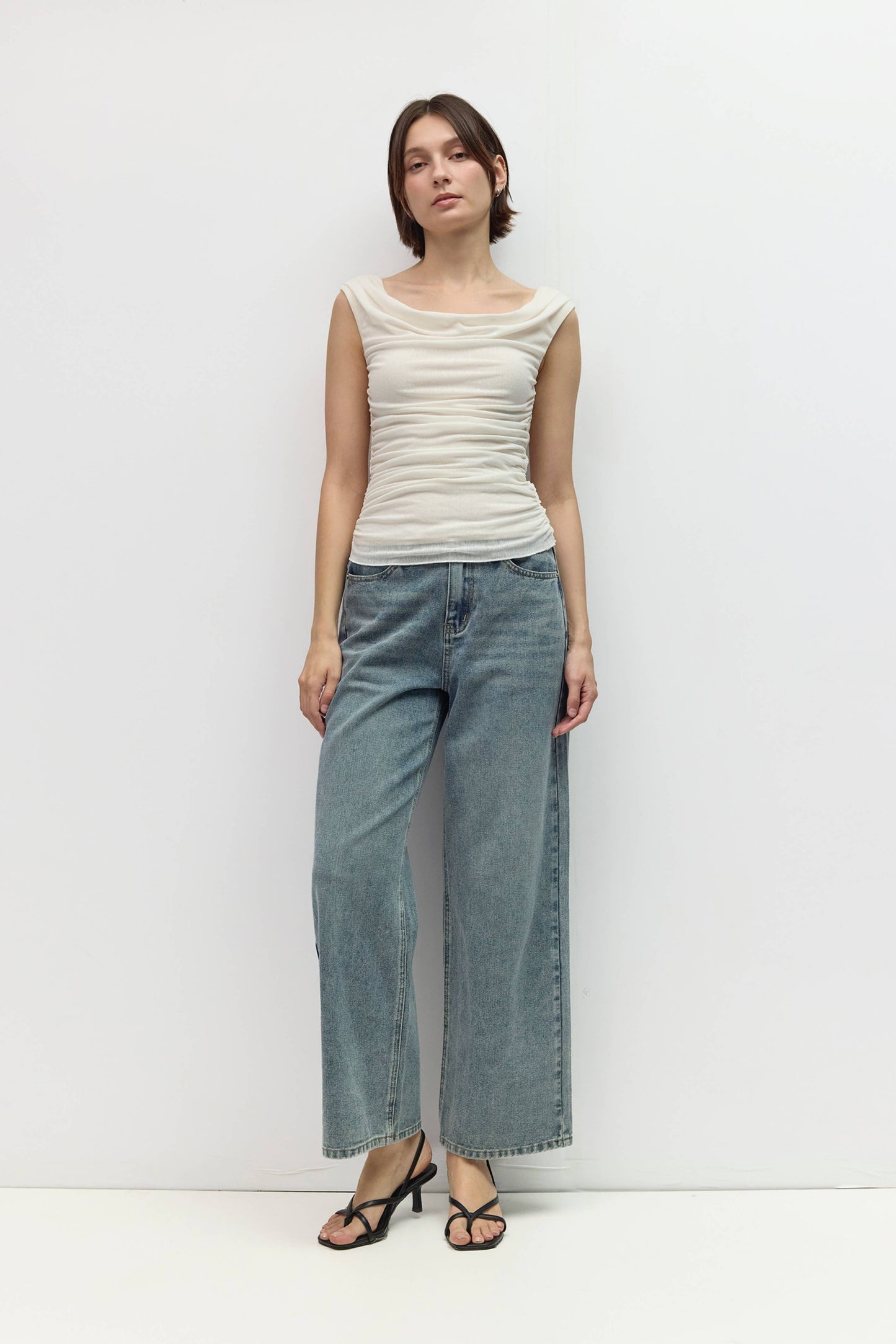 White Mesh Wide Cowl Neck Top