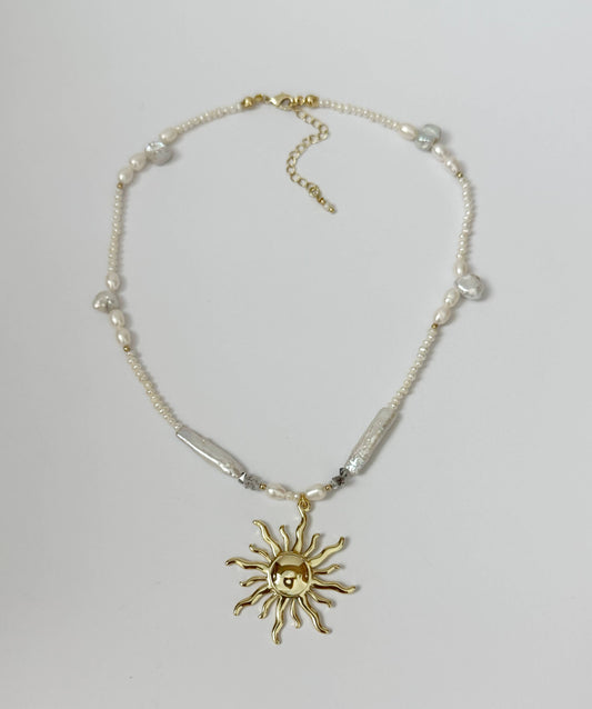 Gold Sun Freshwater Pearl Pendant Necklace 