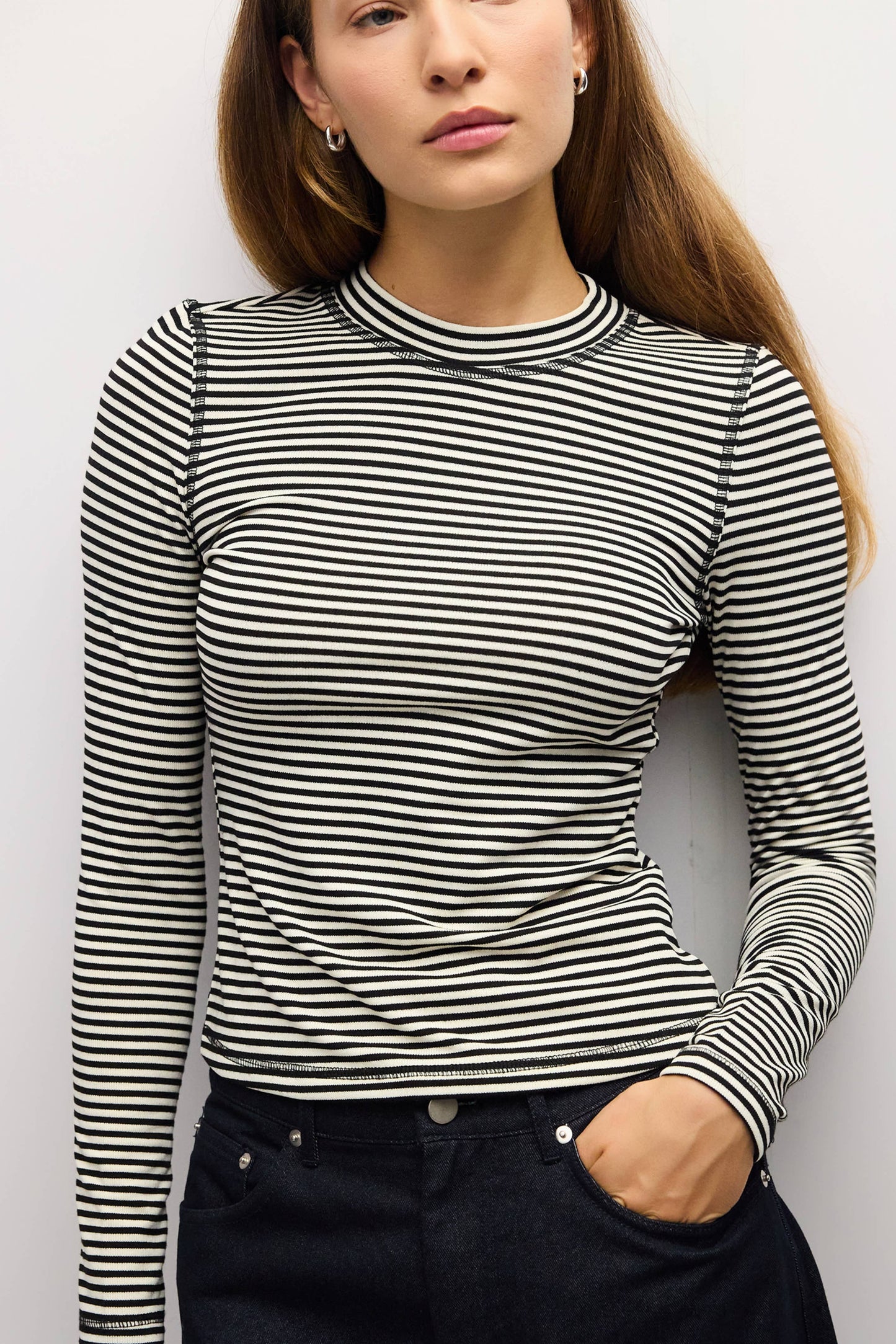 Mock Neck Striped Long Sleeve Tee