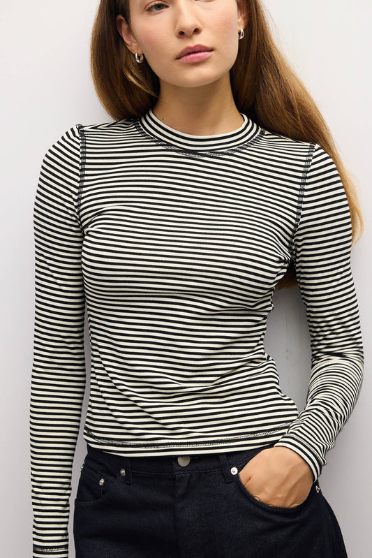 Mock Neck Striped Long Sleeve Tee