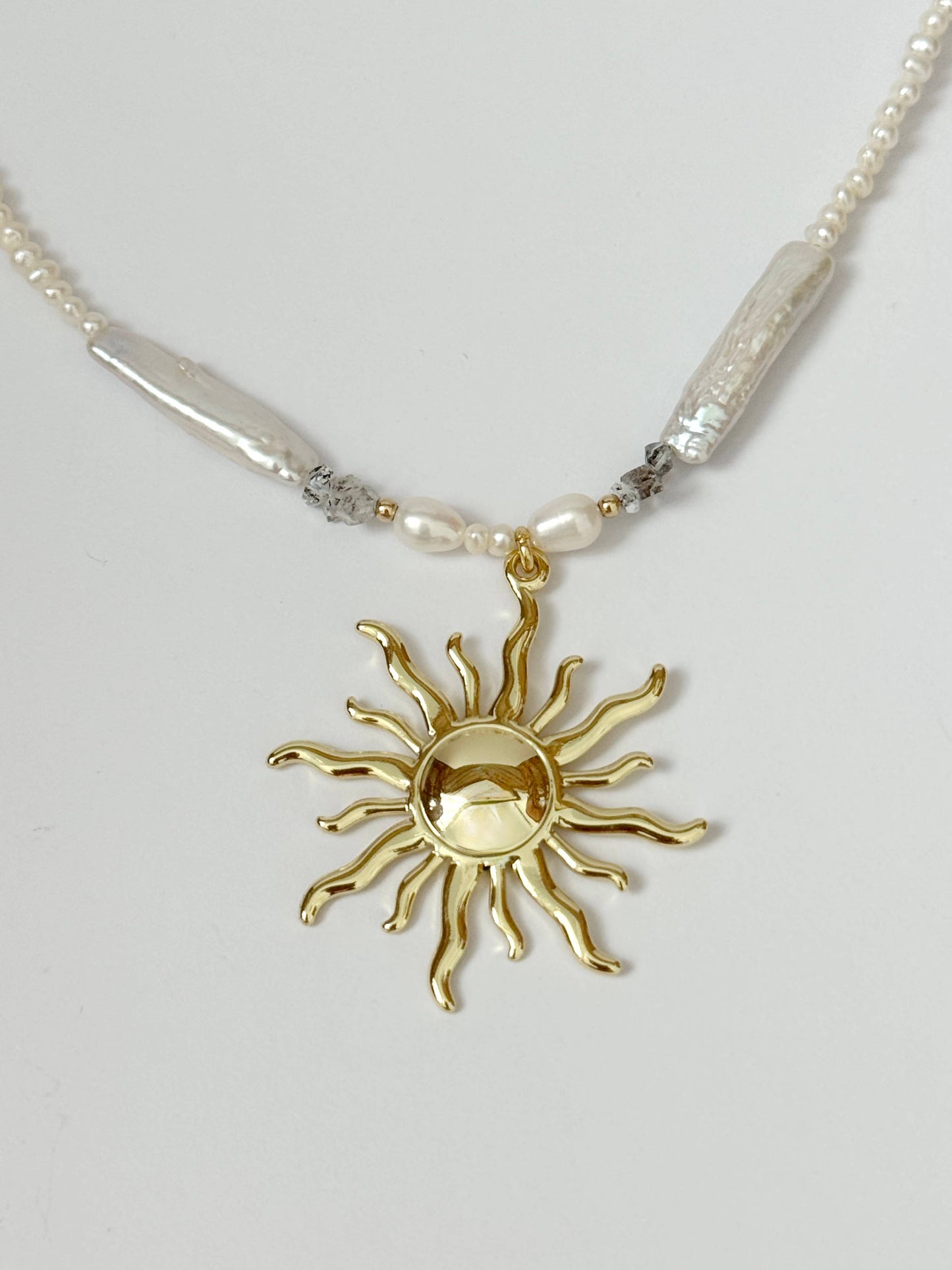 Gold Sun Freshwater Pearl Pendant Necklace 