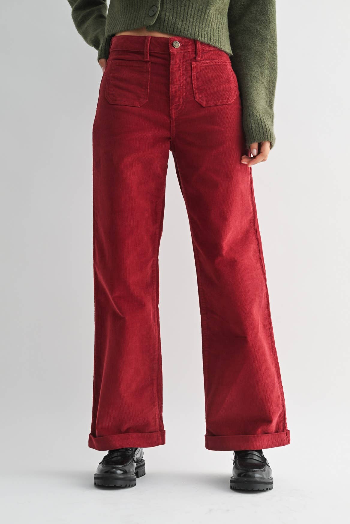 Dark Red Corduroy Patch Pocket Wide Leg Pant