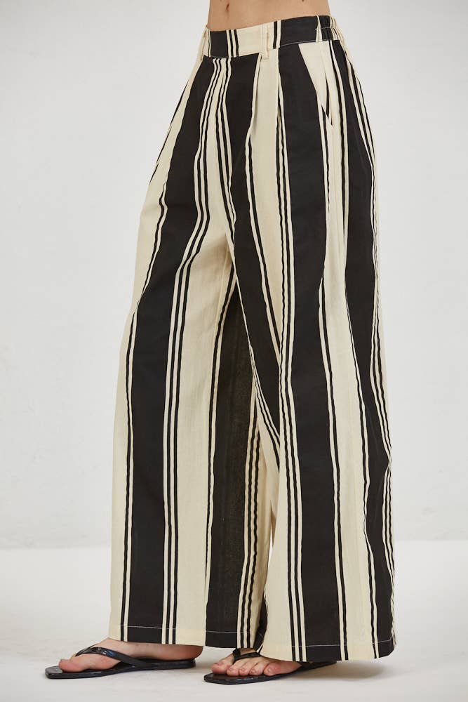 Striped Woven Linen Wide Leg Pants