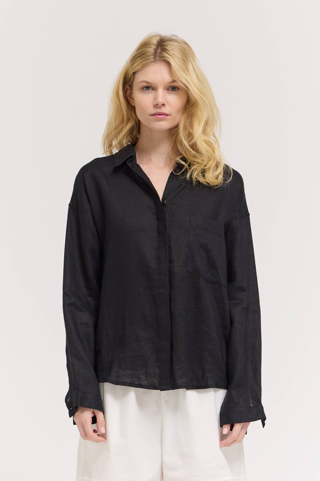 Open Collar Linen  Button-Up Shirt