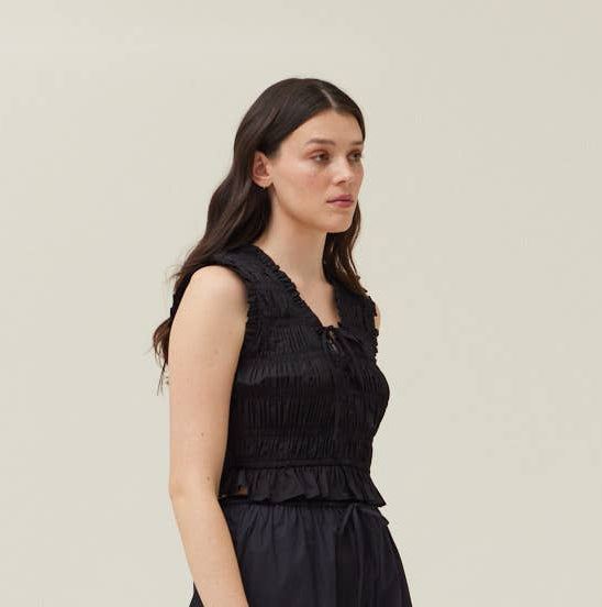 Black Smocked Ruffle Crop Top