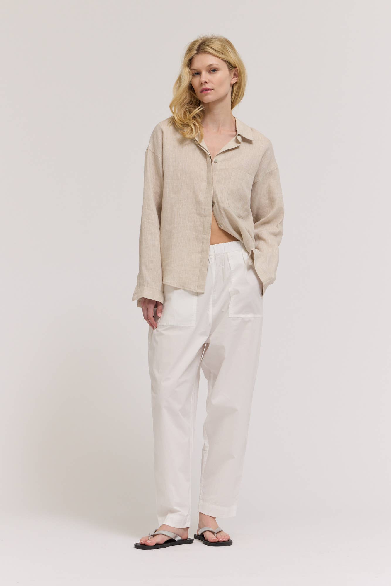 Open Collar Linen  Button-Up Shirt