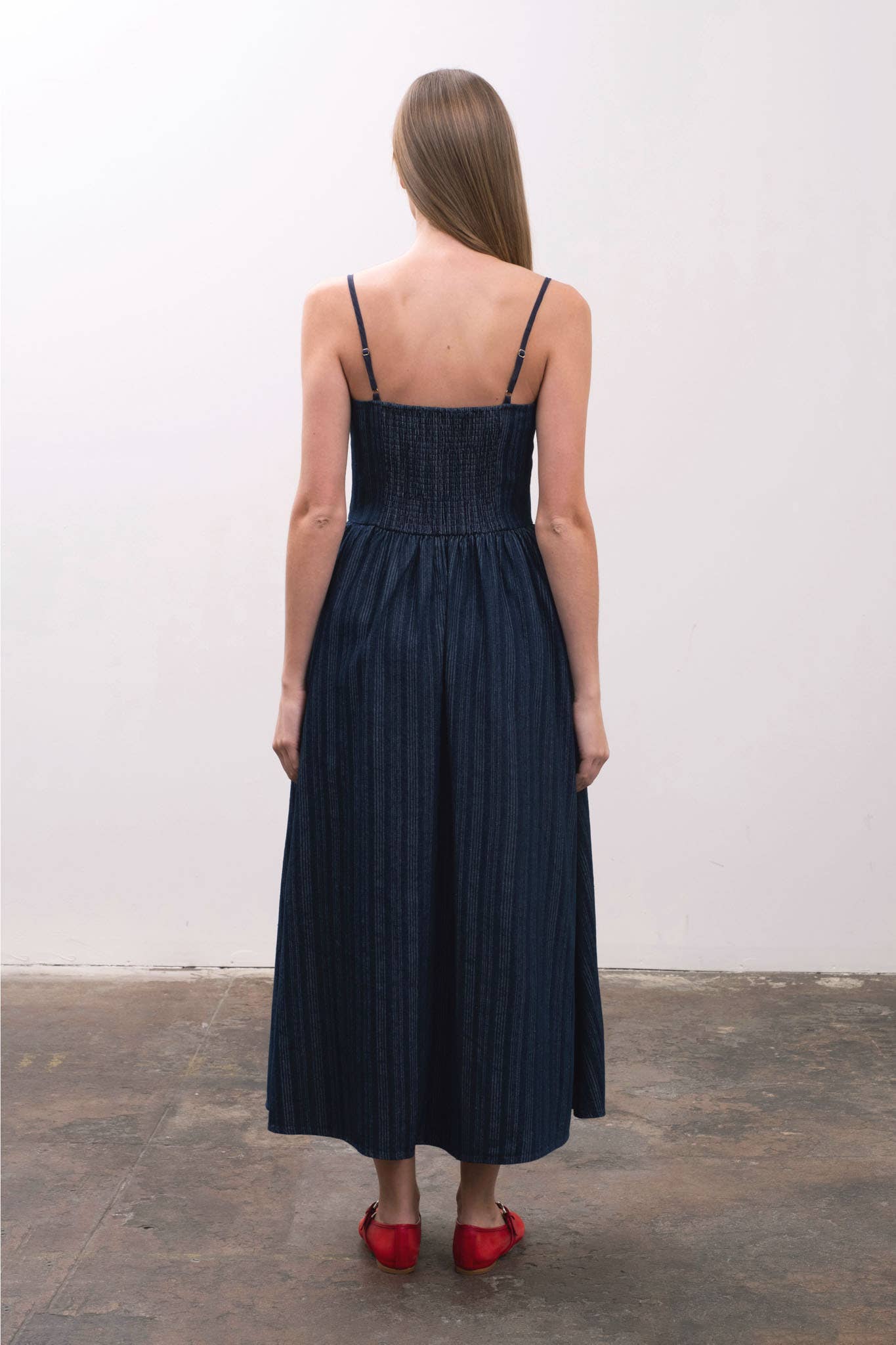 Denim Tonal Stripe Bow Detail Corset Miidi Dress
