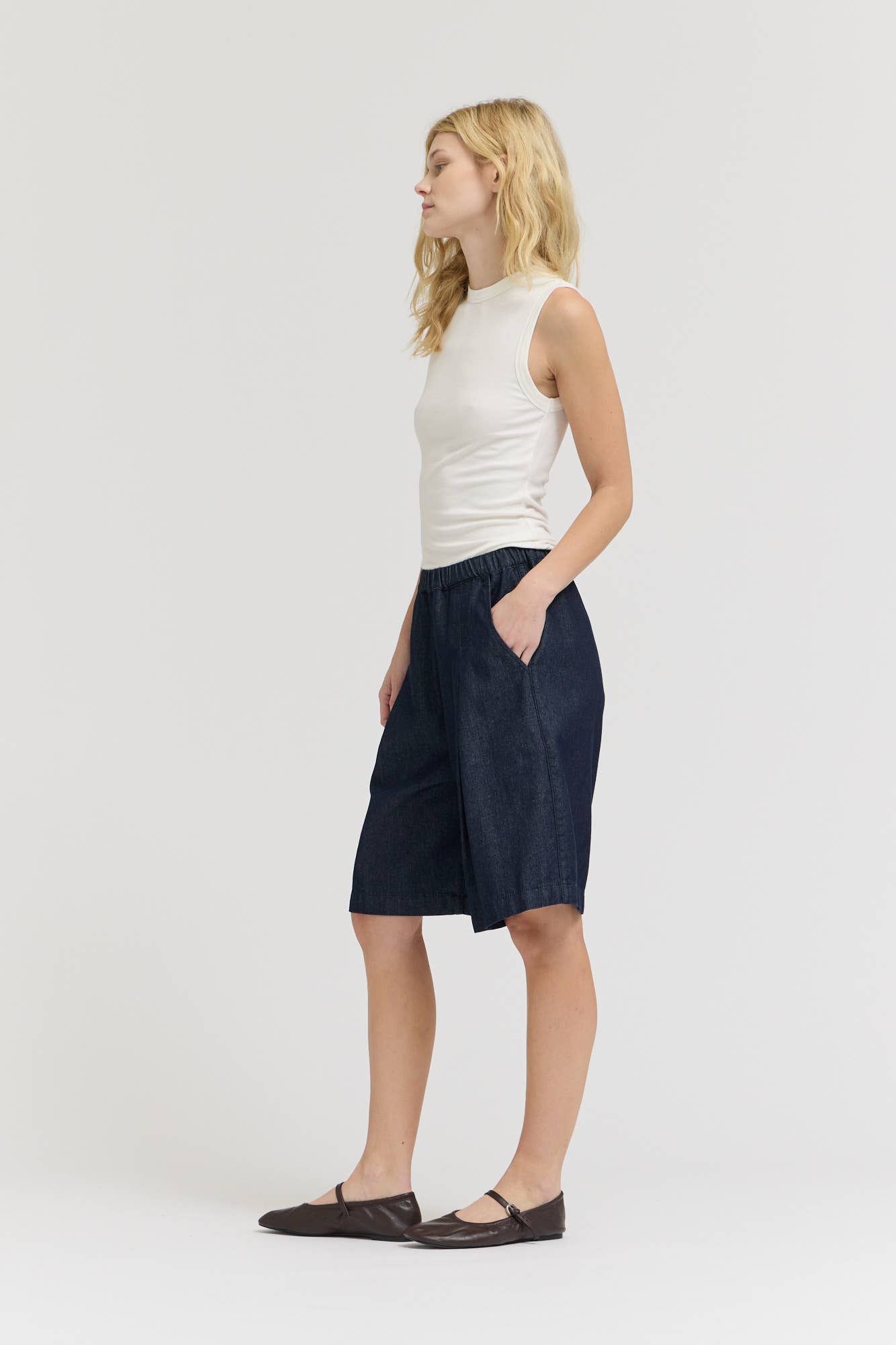 Indigo Tuck Waist Long Short