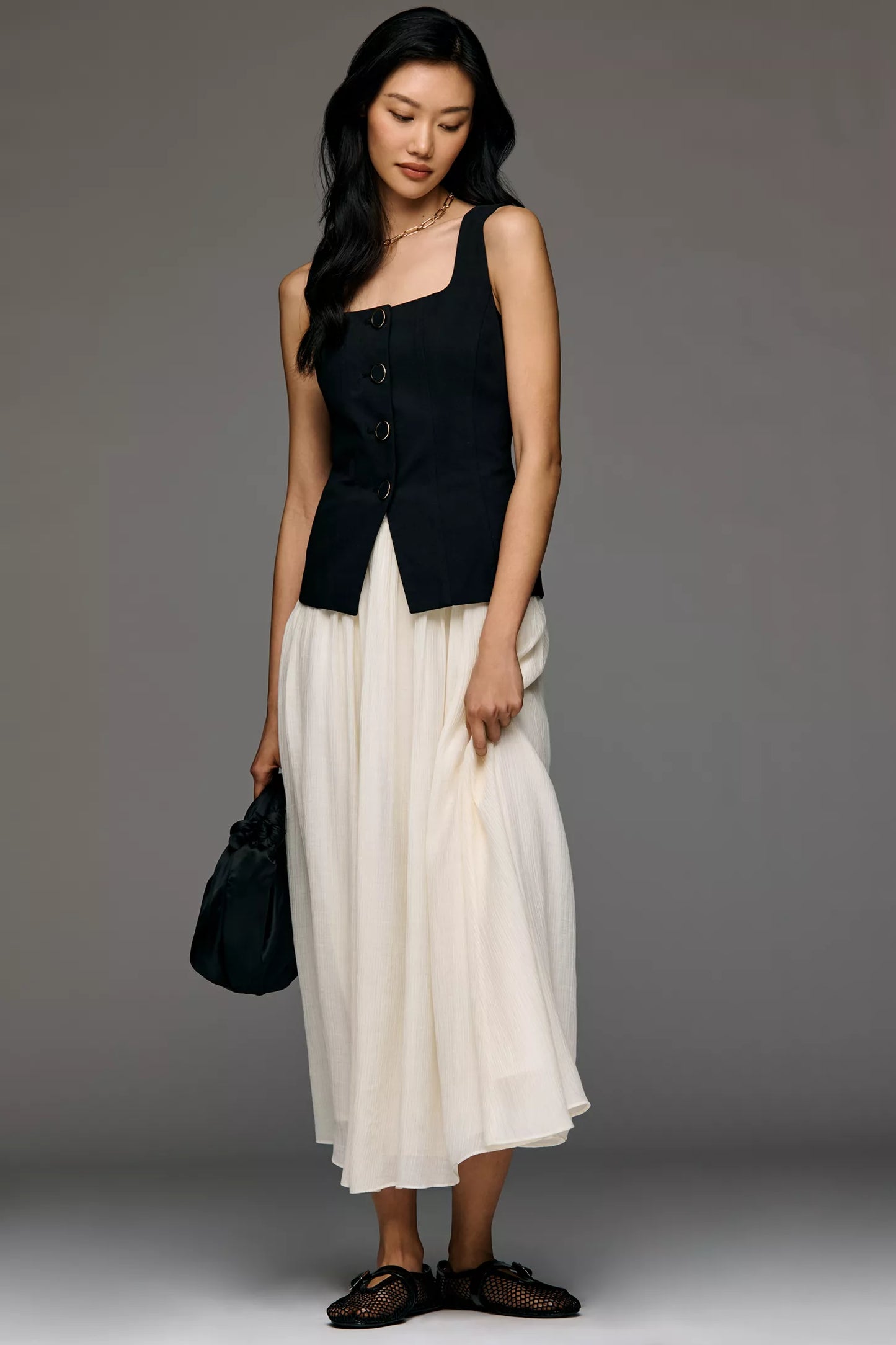 Black Two Tone Button Front Midi Dress