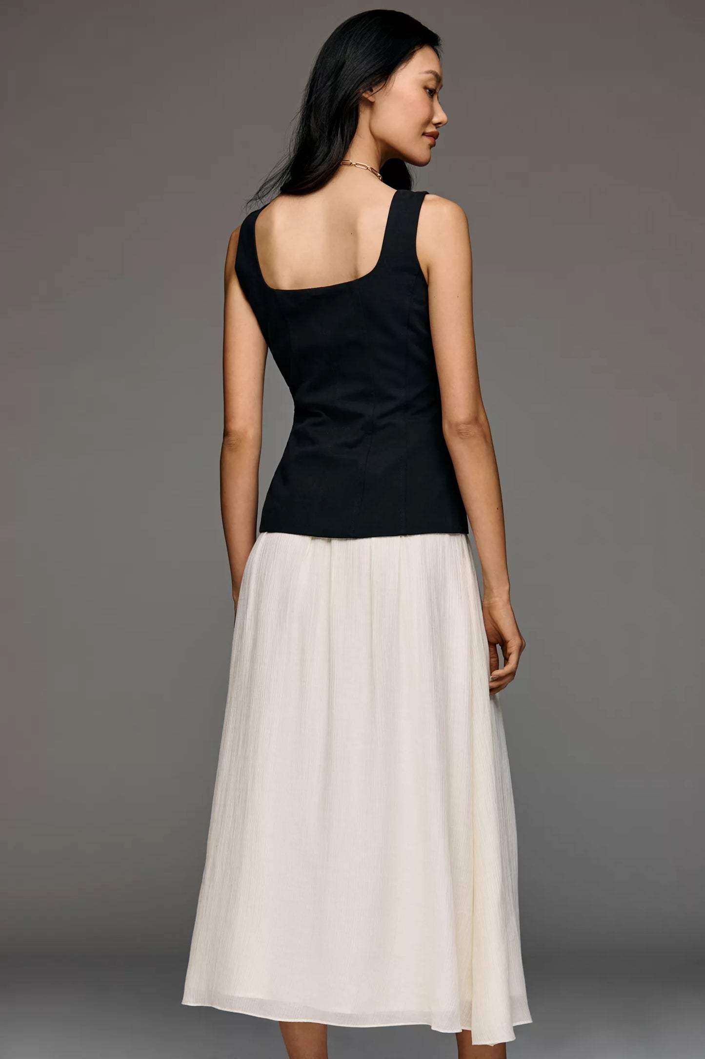 Black Two Tone Button Front Midi Dress