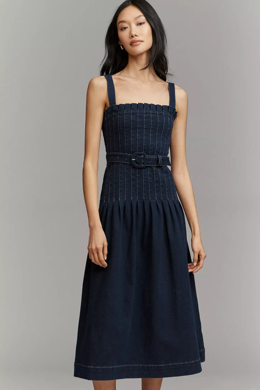 Denim Pleated Bodice Belted Midi Dress