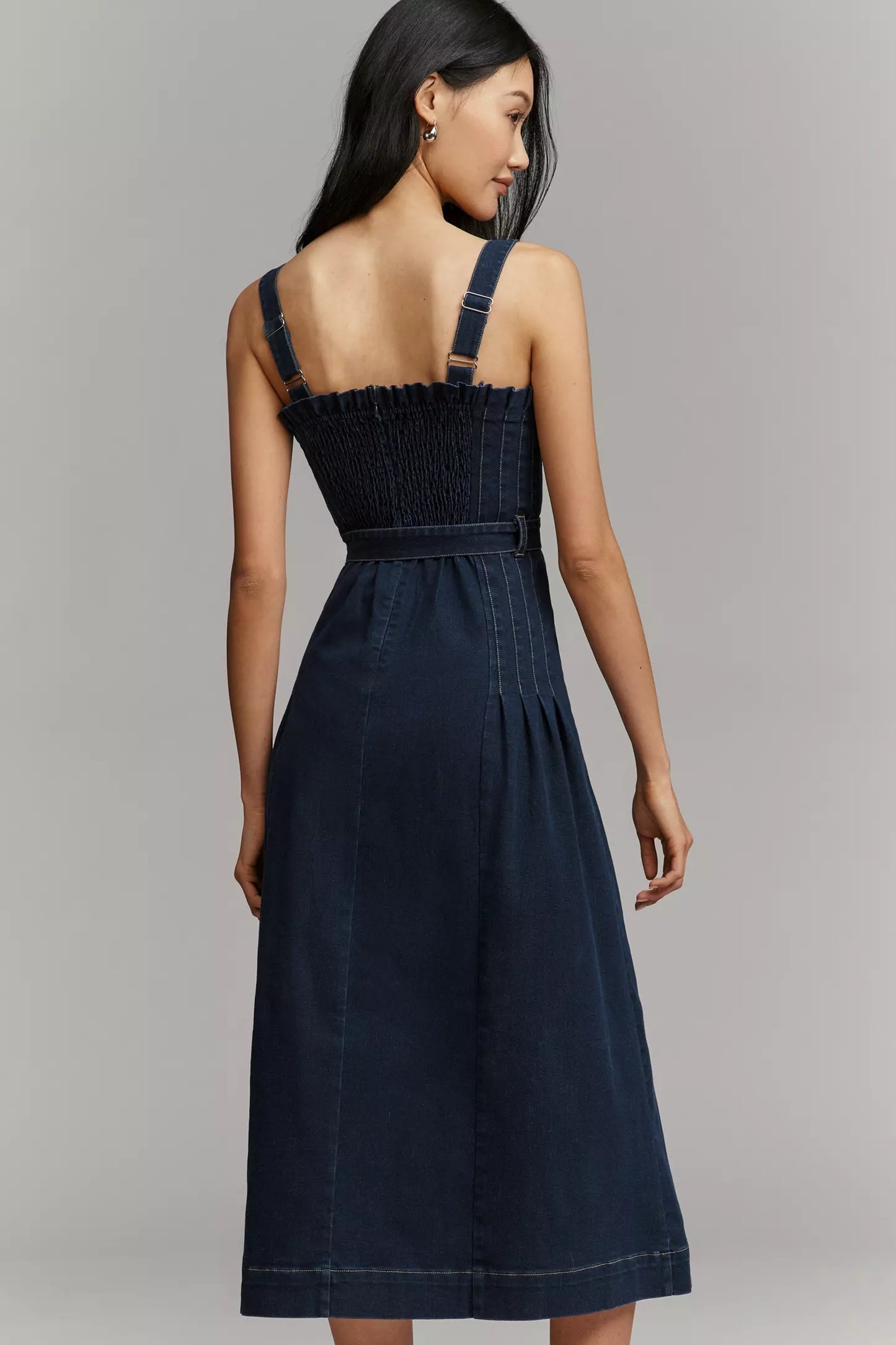 Denim Pleated Bodice Belted Midi Dress