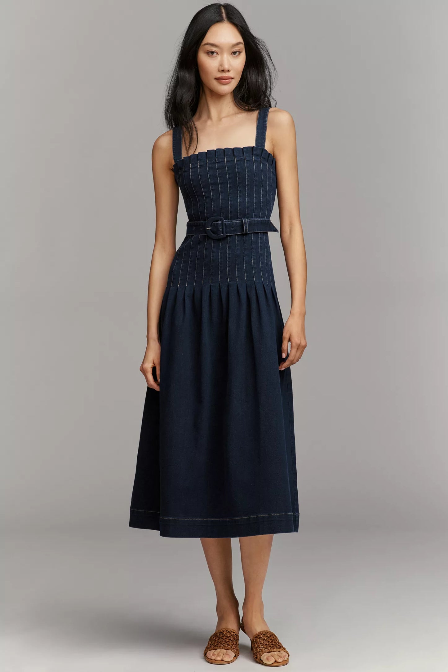Denim Pleated Bodice Belted Midi Dress