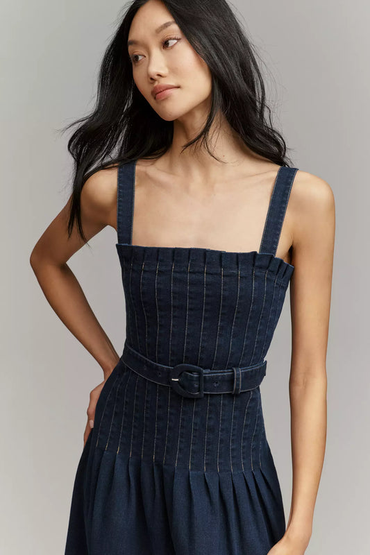 Denim Pleated Bodice Belted Midi Dress