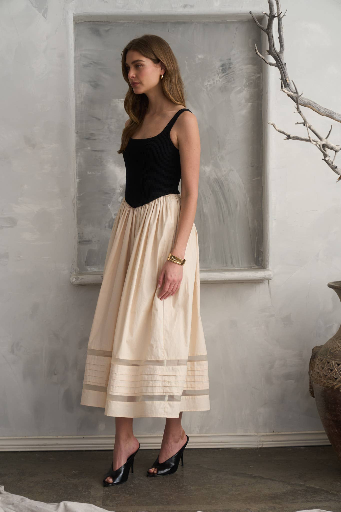 Basque Waist Mixed Media Midi Dress