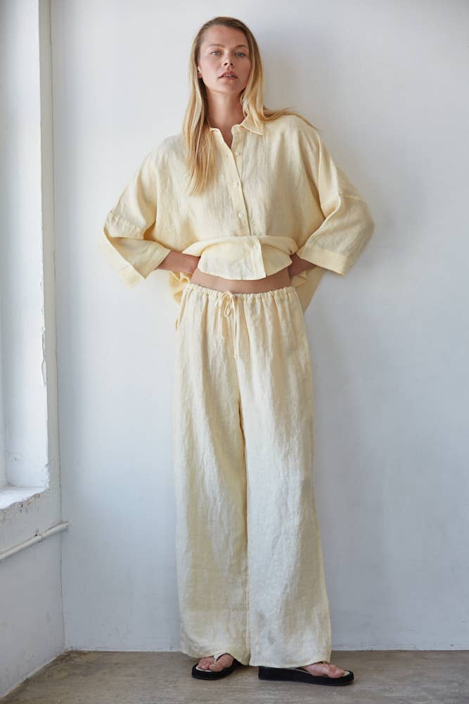 Creamy Yellow Woven Linen Wide Leg Pants