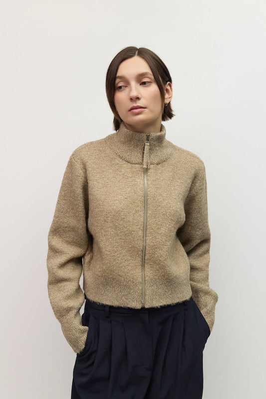 Khaki Boucle Turtleneck Zip Up Sweater