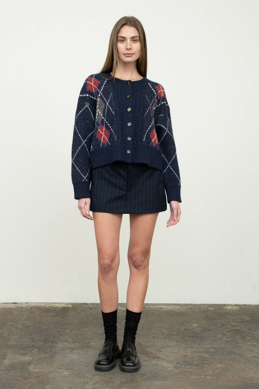 Navy Argyle Cardigan Sweater