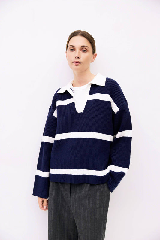 Navy Striped Collared Sweater