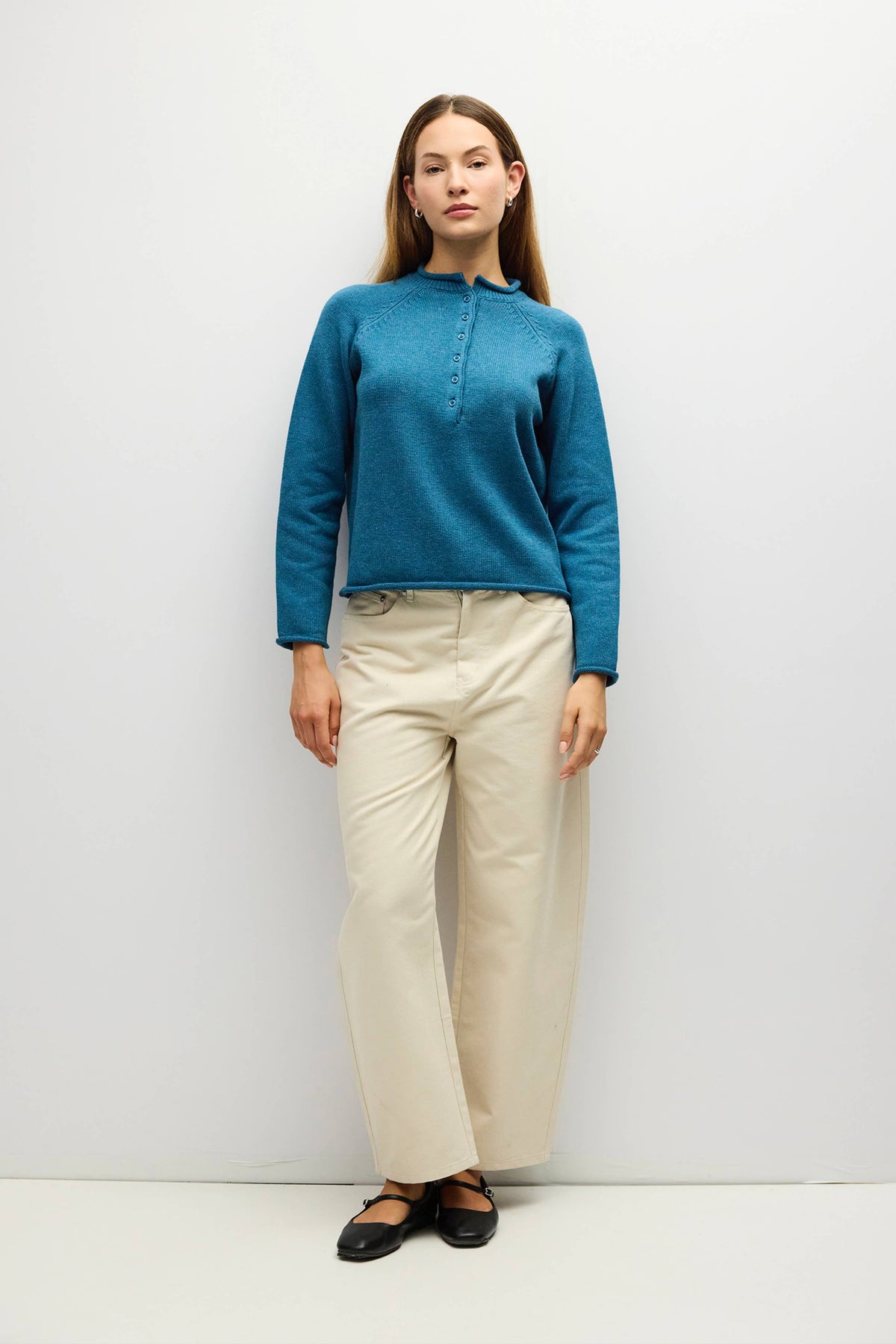 Teal Rolled Edge Henley Sweater