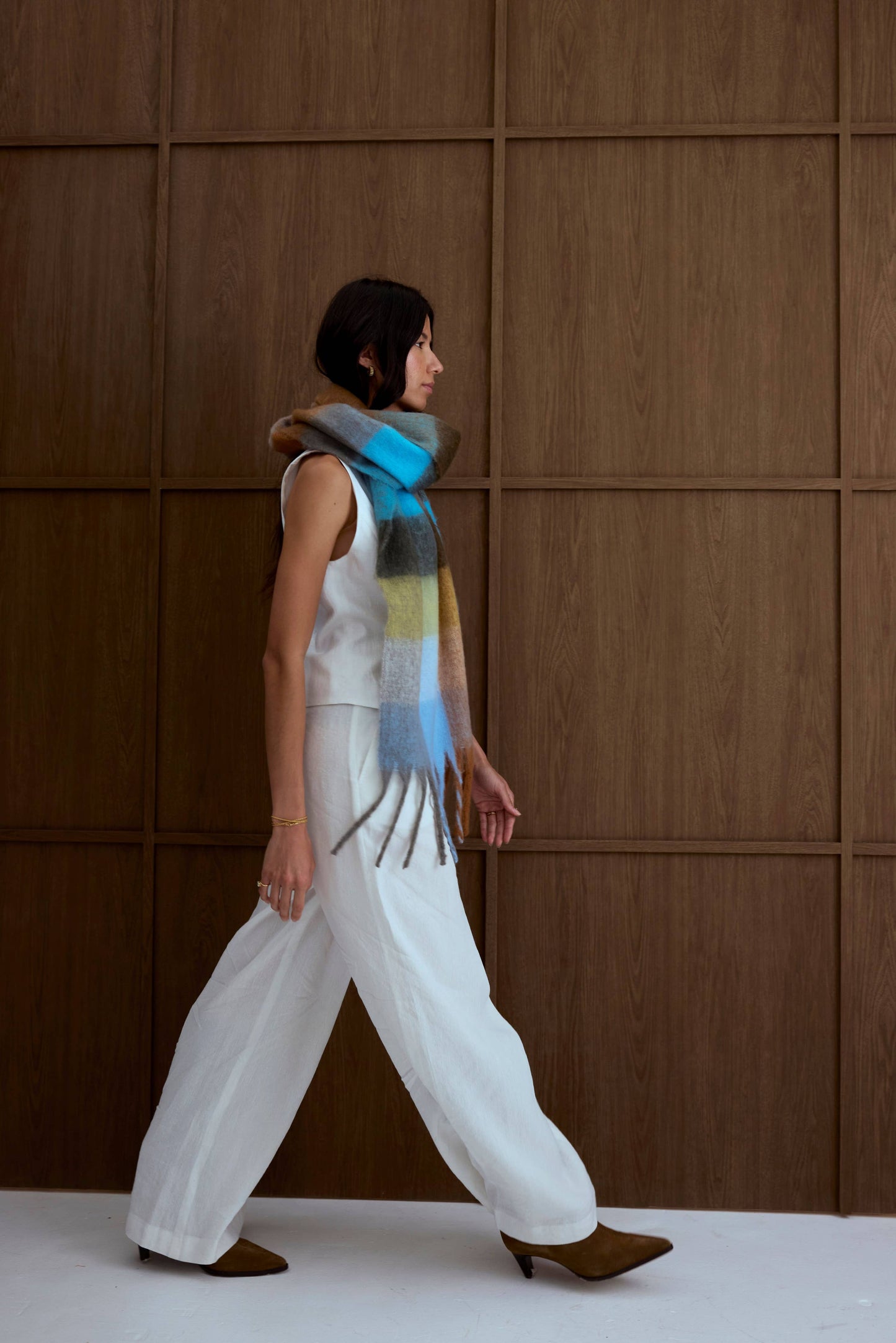 Blue Orange Brushed Plaid Oversized Scarf