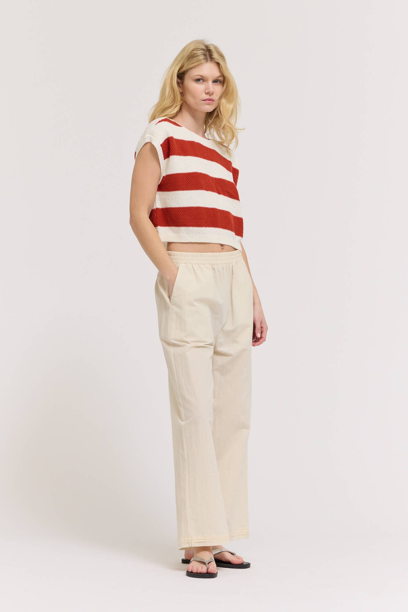 Red Stripe Drop Shoulder Cotton Knit Top