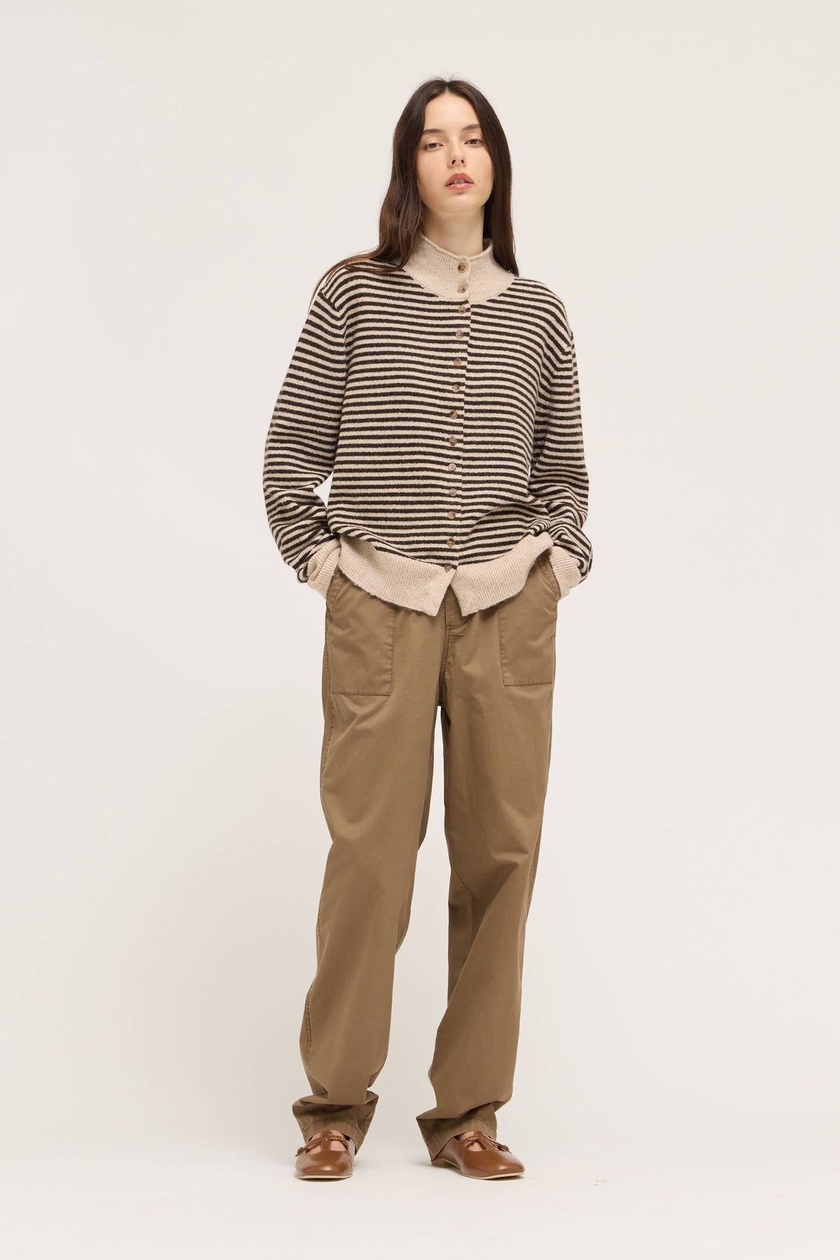 Brown Striped Mock Neck Button Cardigan
