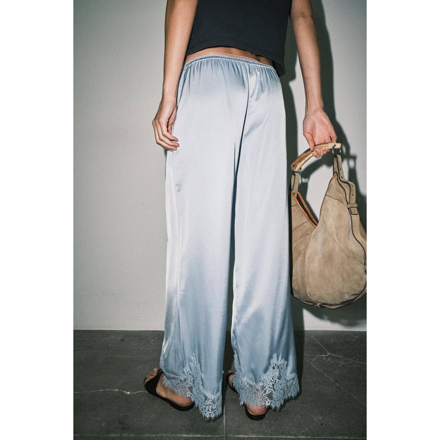 Light Blue Satin Lace Wide Leg Pants