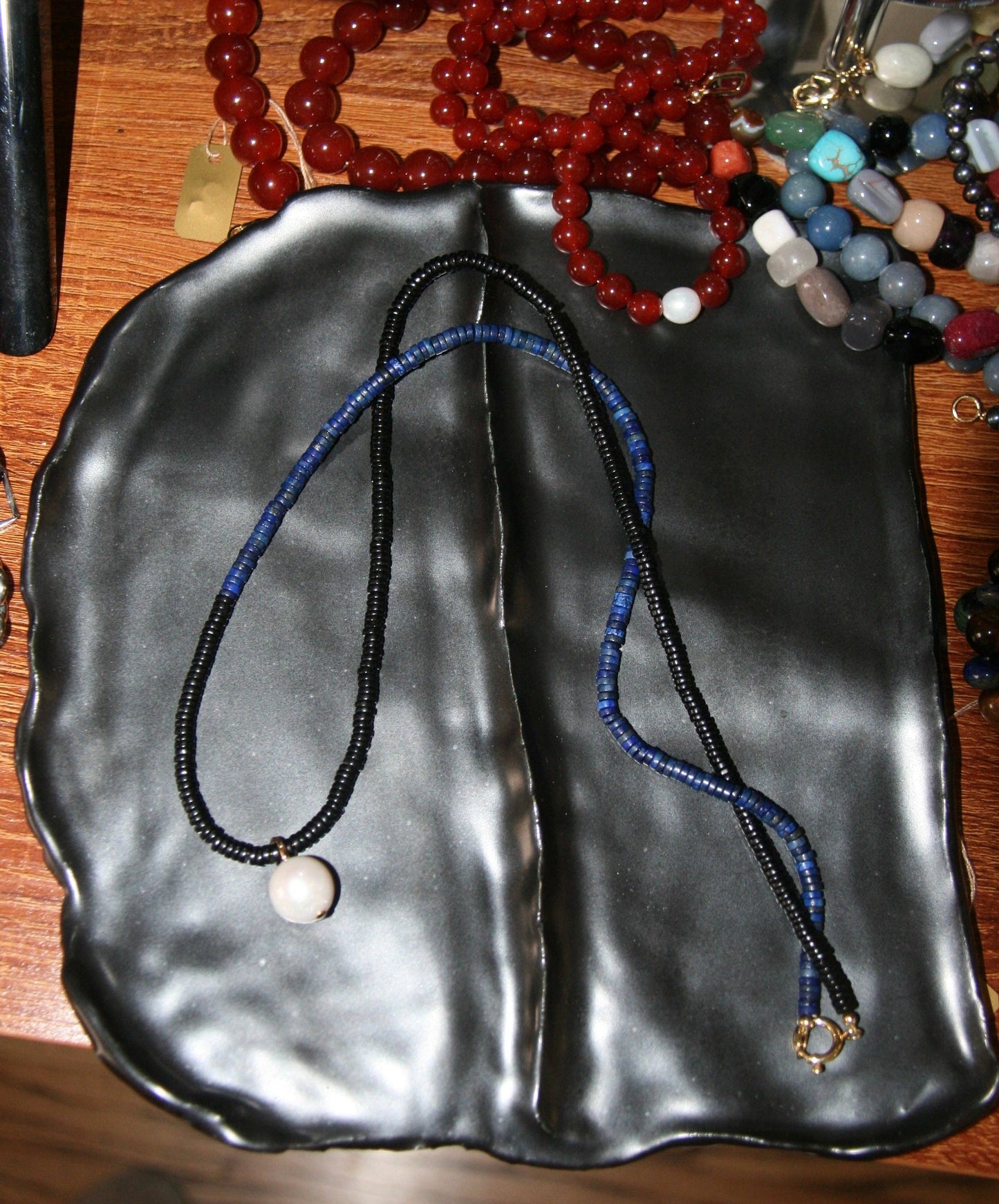 Onyx, Lapis & Pearl Beaded Necklace