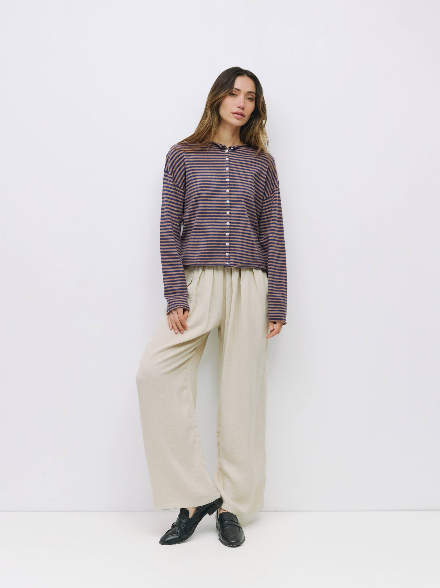 Rolled Edge Striped Button-Down Cardigan